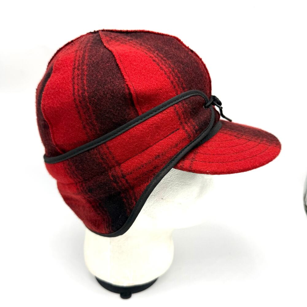 Stormy Kromer Rancher Hat Size 7 Wool Red Black Plaid Trapper Cap Ear Flaps USA